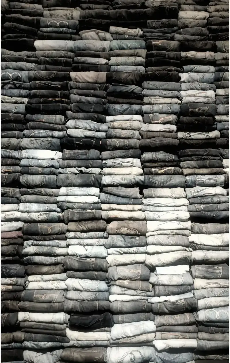 Dinding tumpukan celana jeans terlipat dalam warna hitam pekat, abu-abu tua, abu-abu muda, sampai sangat pudar, dengan jahitan saku belakang yang terlihat.